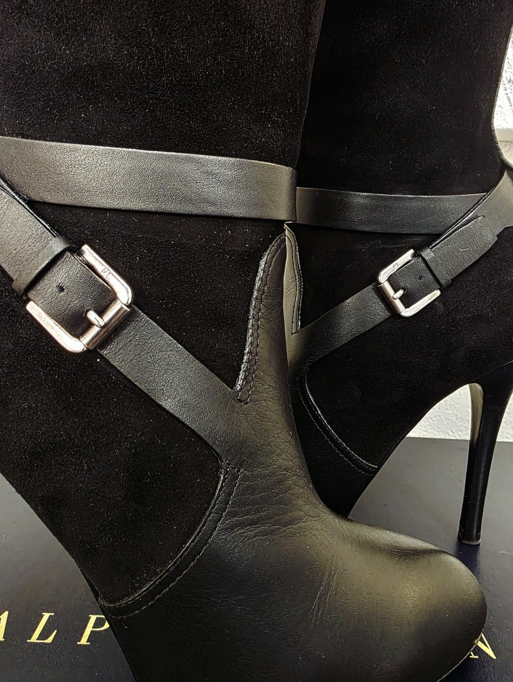 Ralph Lauren Black Leather & Suede Knee-High Stiletto Buckle Boots - Size US 8.5 - Picture 11 of 15